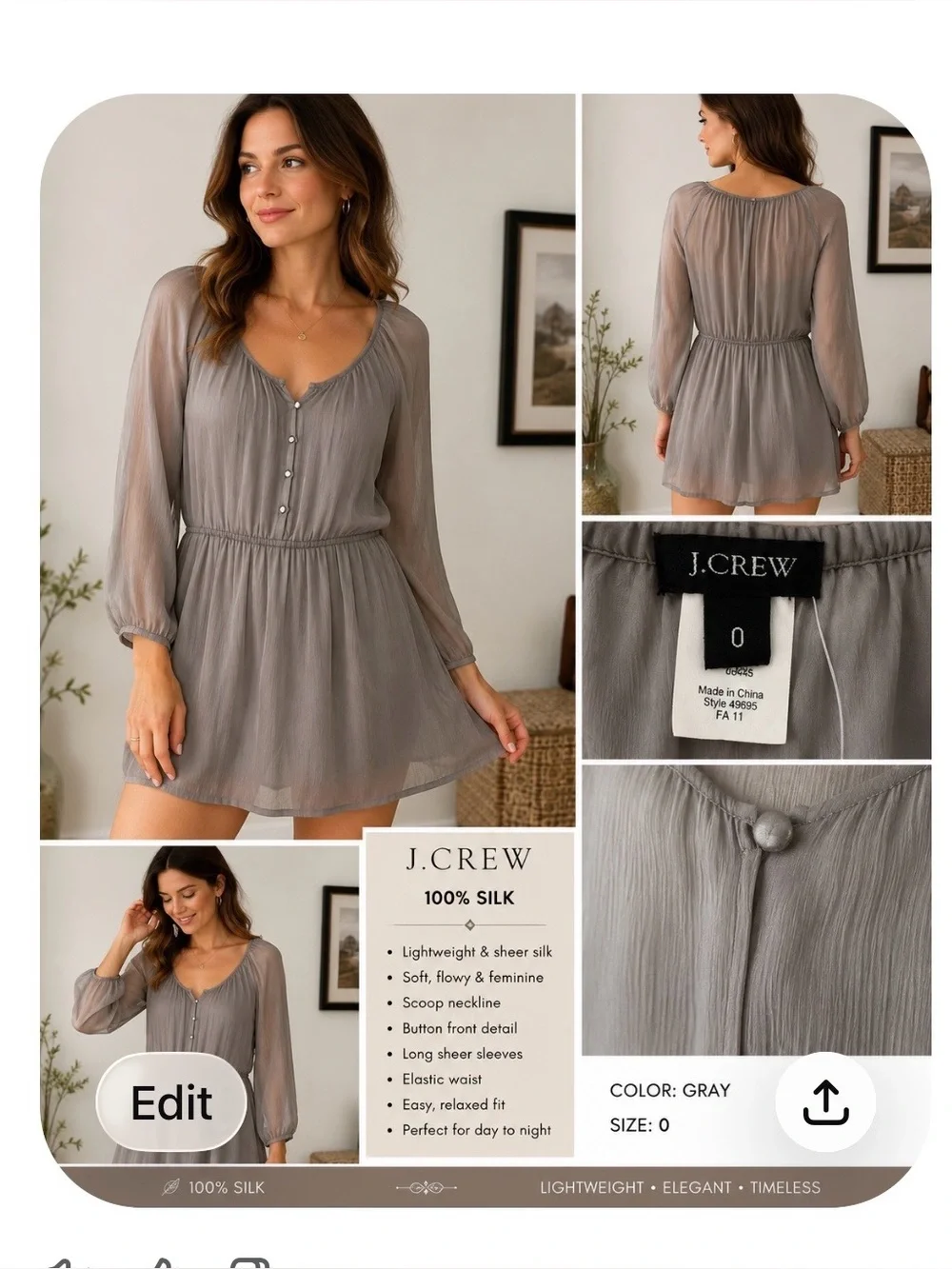 J. Crew Taupe Sheer Pleated Button-Front Mini Dress